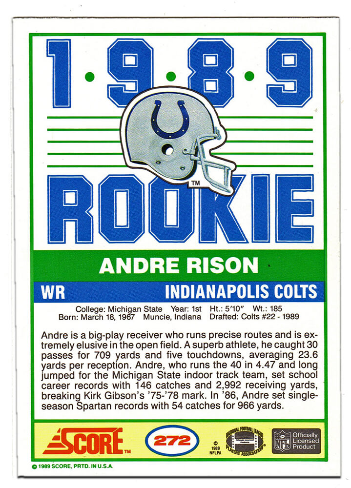 Andre Rison Signed Indianapolis Colts 1989 Score Rookie Card #272 w/Bad Moon