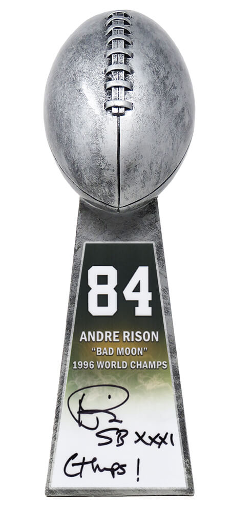 Andre Rison Signed Football World Champion 15 Inch Replica Silver Trophy With #84 Sticker w/SB XXXI Champs