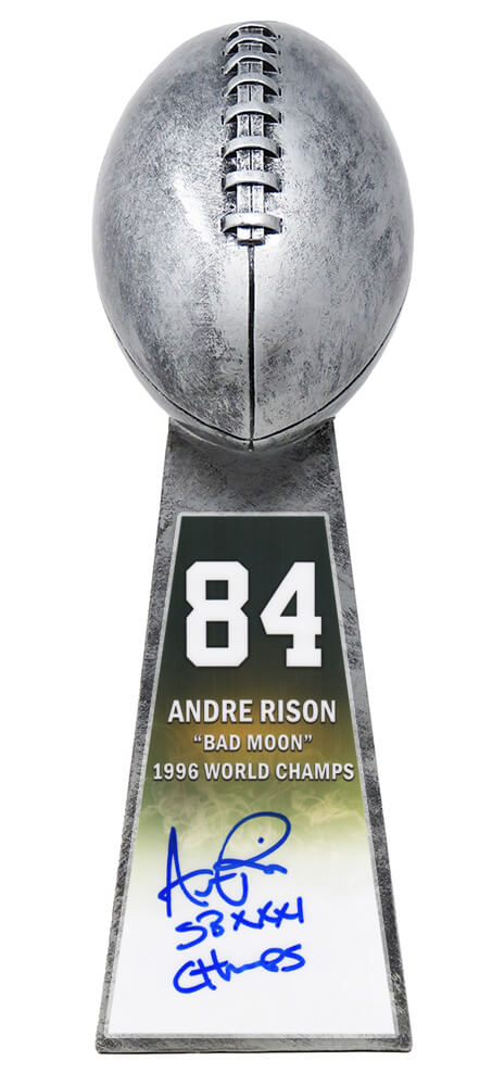 Andre Rison Signed Football World Champion 15 Inch Replica Silver Trophy With #84 Sticker w/SB XXXI Champs (In Blue)