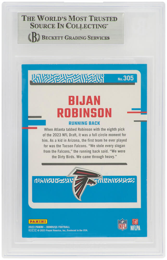 Bijan Robinson Signed Atlanta Falcons 2023 Donruss Rated Rookie Football Card #305 (Beckett Encapsulated)