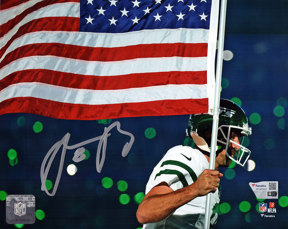 Aaron Rodgers Signed New York Jets Running With American Flag 8x10 Photo - (Fanatics)
