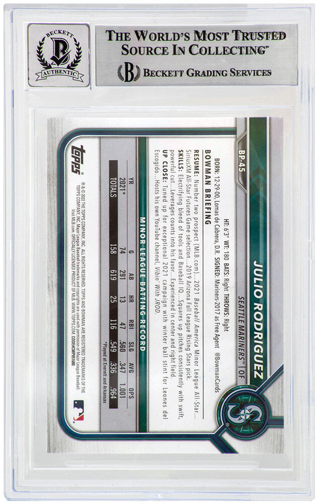 Julio Rodriguez Signed Seattle Mariners 2022 Bowman Prospects Baseball Card #BP45 - (Beckett - Auto Grade 10)