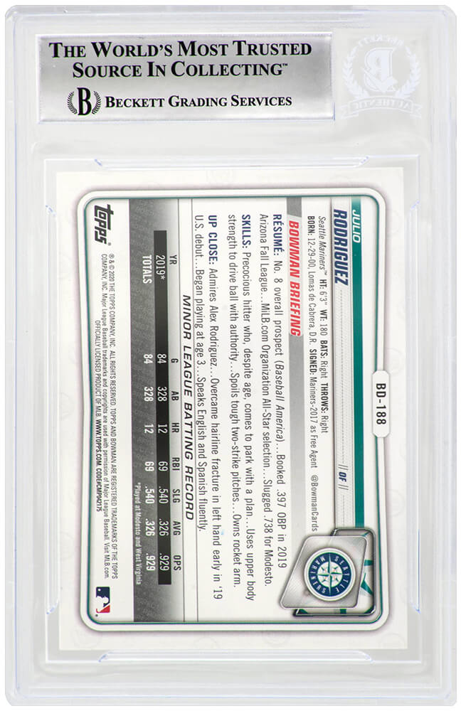 Julio Rodriguez Signed Seattle Mariners 2020 Bowman Draft Rookie Baseball Card #BD188 - (Beckett Encapsulated)
