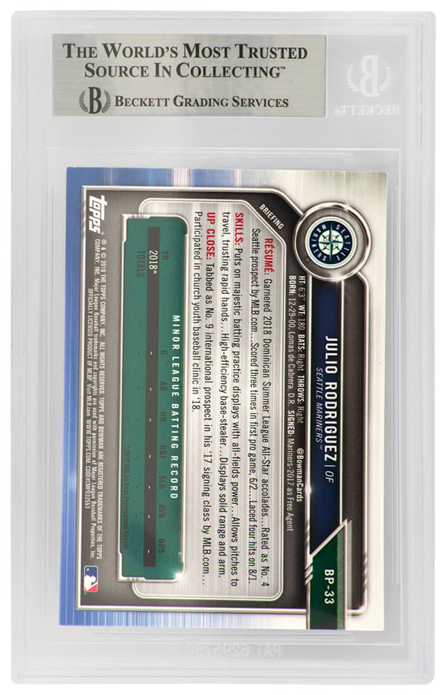 Julio Rodriguez Signed Seattle Mariners 2019 1st Bowman Prospects Rookie Baseball Card #BP33 (Beckett Encapsulated)