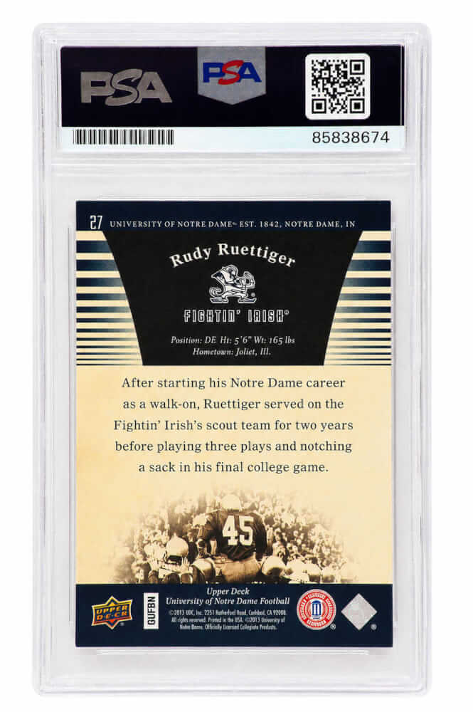 Rudy Ruettiger Signed Norte Dame 2013 Upper Deck (Carried Off Field) Football Card #27 - (PSA Encapsulated)