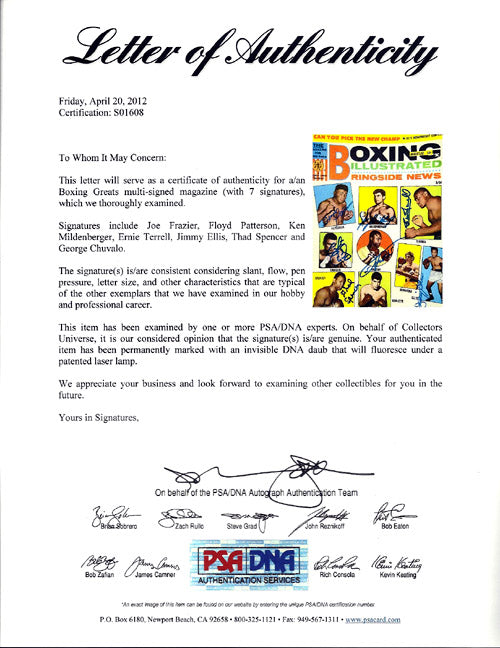 Boxing Greats Autographed Boxing Illustrated Magazine Cover With 7 Total Signatures Including Joe Frazier & Floyd Patterson PSA/DNA #S01608