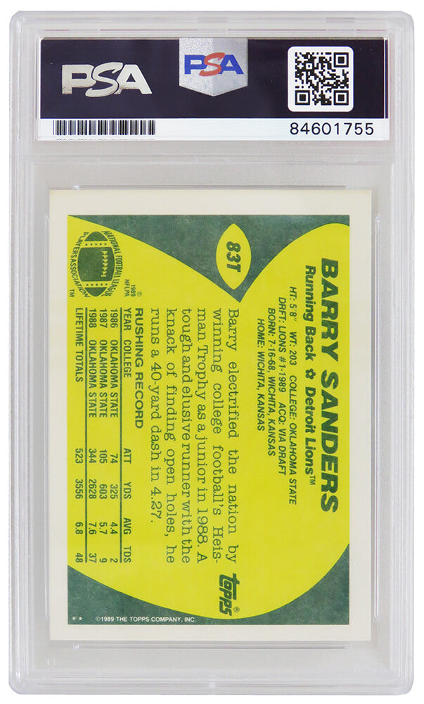 Barry Sanders Signed Detroit Lions 1989 Topps Rookie Card #83T - (PSA/DNA / Auto Grade 10)