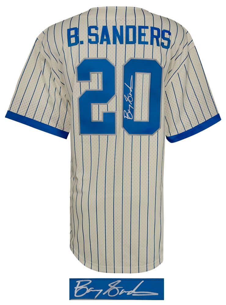 Barry Sanders Signed Detroit Lions Cream M&N Baseball Jersey
