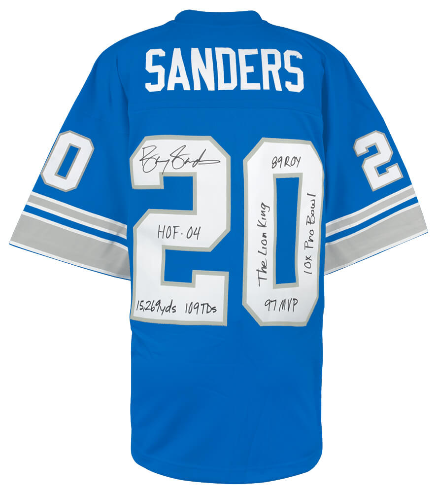Barry Sanders Signed Detroit Lions Blue 1996 Throwback M&N NFL Legacy Football Jersey w/7-Inscriptions