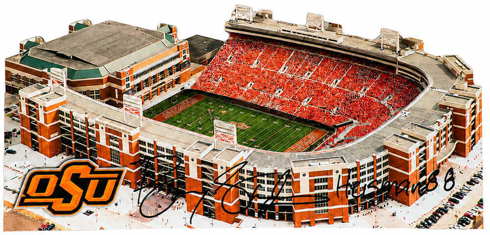 Barry Sanders Signed Oklahoma State Boone Pickens Stadium 13-Inch Layered Wood Replica Stadium w/Heisman'88