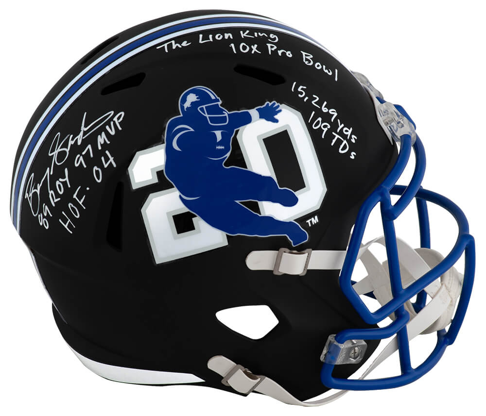 Barry Sanders Signed Detroit Lions Barry Sanders Logo Black Riddell Full Size Speed Replica Helmet w/7-Inscriptions