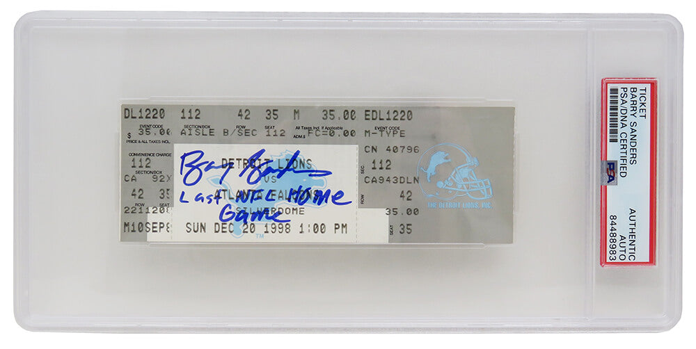 Barry Sanders Signed Detroit Lions vs Falcons December 20, 1998 Ticket Stub w/Last NFL Home Game (PSA Encapsulated)