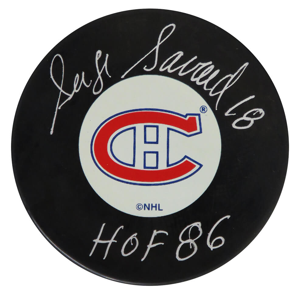 Serge Savard Signed Montreal Canadiens Large Logo Hockey Puck w/HOF'86