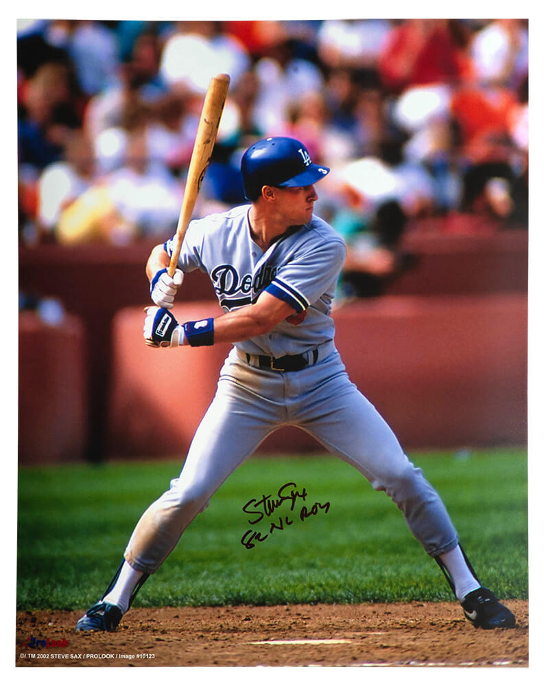 Steve Sax Signed Los Angeles Dodgers Batting Action 16x20 Photo w/82 NL ROY