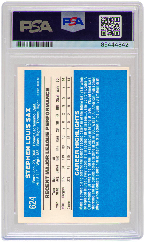 Steve Sax Signed Los Angeles Dodgers 1982 Donruss Rookie Baseball Card #624 w/82 NL ROY - (PSA Encapsulated)