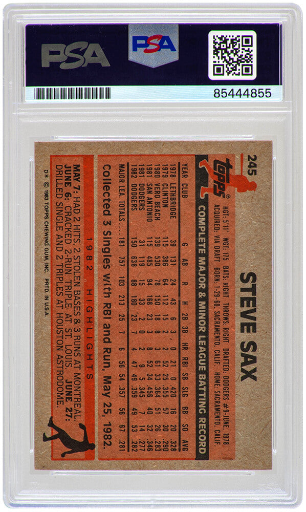Steve Sax Signed Los Angeles Dodgers 1983 Topps Baseball Card #245 w/82 NL ROY - (PSA Encapsulated)