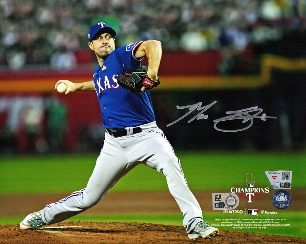 Max Scherzer Signed Texas Rangers 2023 World Series Pitching 8x10 Photo - (Fanatics)