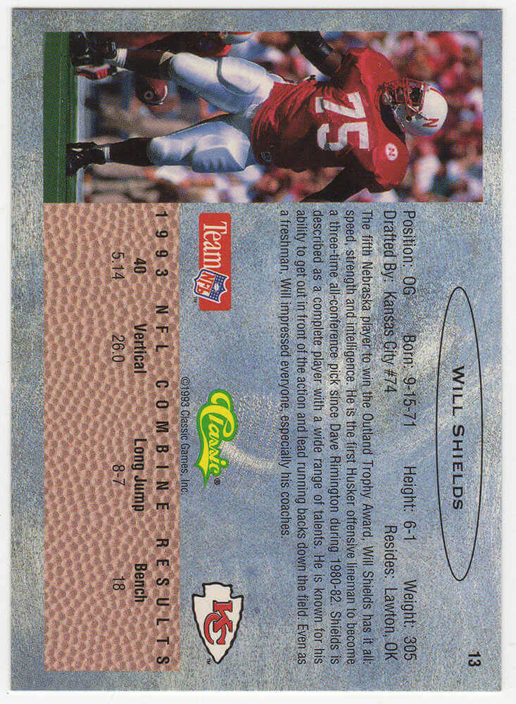Will Shields Signed 1993 Classic Football Rookie Trading Card #13 w/CHOF'11