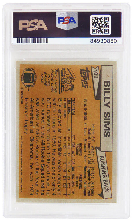 Billy Sims Signed Detroit Lions 1981 Topps Rookie Football Card #100 w/80 ROY - (PSA Encapsulated)