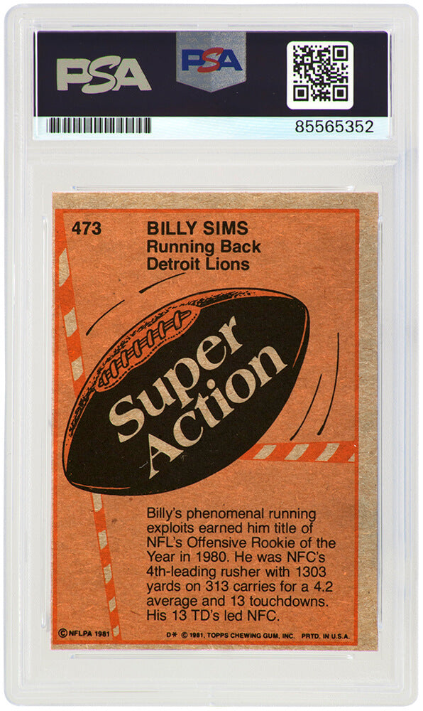 Billy Sims Signed Detroit Lions 1981 Topps Super Action Football Trading Card #473 - (PSA Encapsulated)