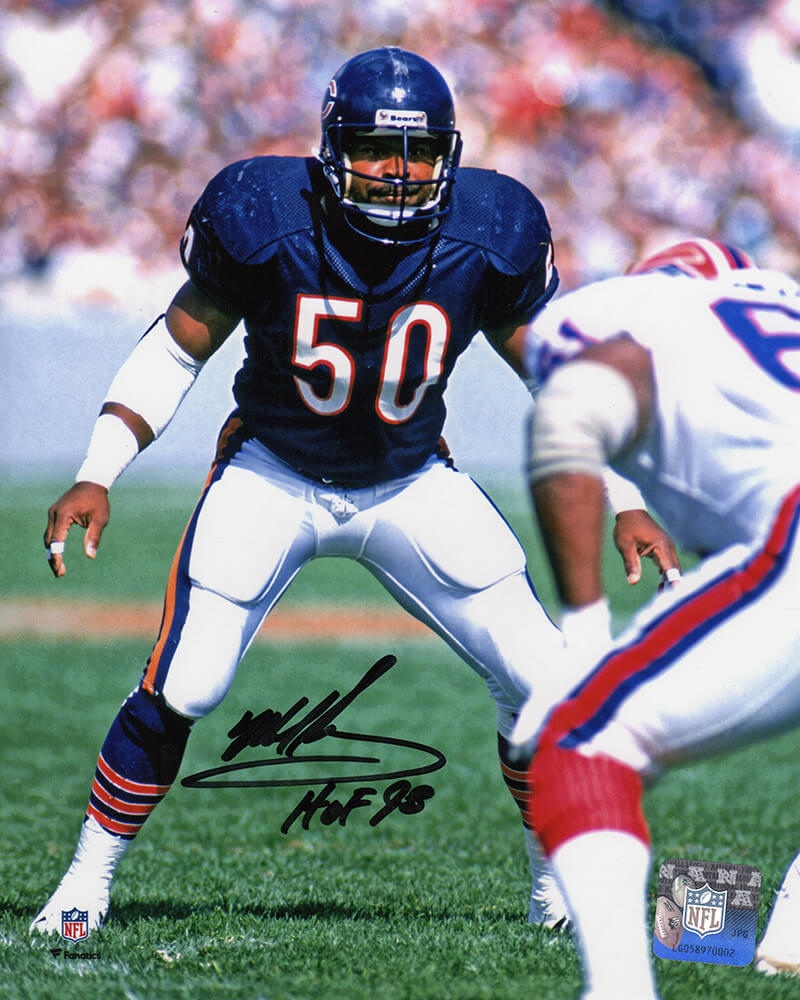 Mike Singletary Signed Chicago Bears vs Bills Action 8x10 Photo w/HOF'98 (In Black)