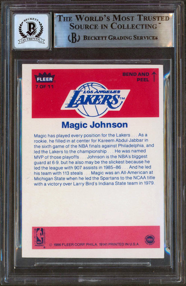 Lakers Magic Johnson Signed 1986 Fleer Stickers #7 Card Auto 10! BAS Slabbed