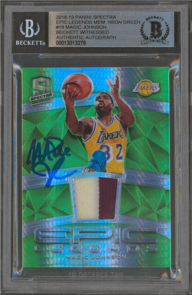 Lakers Magic Johnson Signed 2018 Panini Spectra EL Neon Green #19 Card BAS Slab