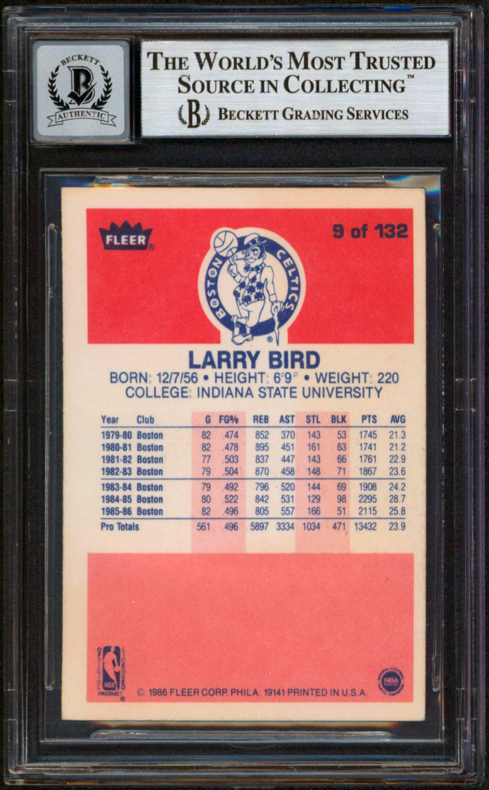 Celtics Larry Bird Authentic Signed 1986 Fleer #9 Card Auto 10! BAS Slabbed 2