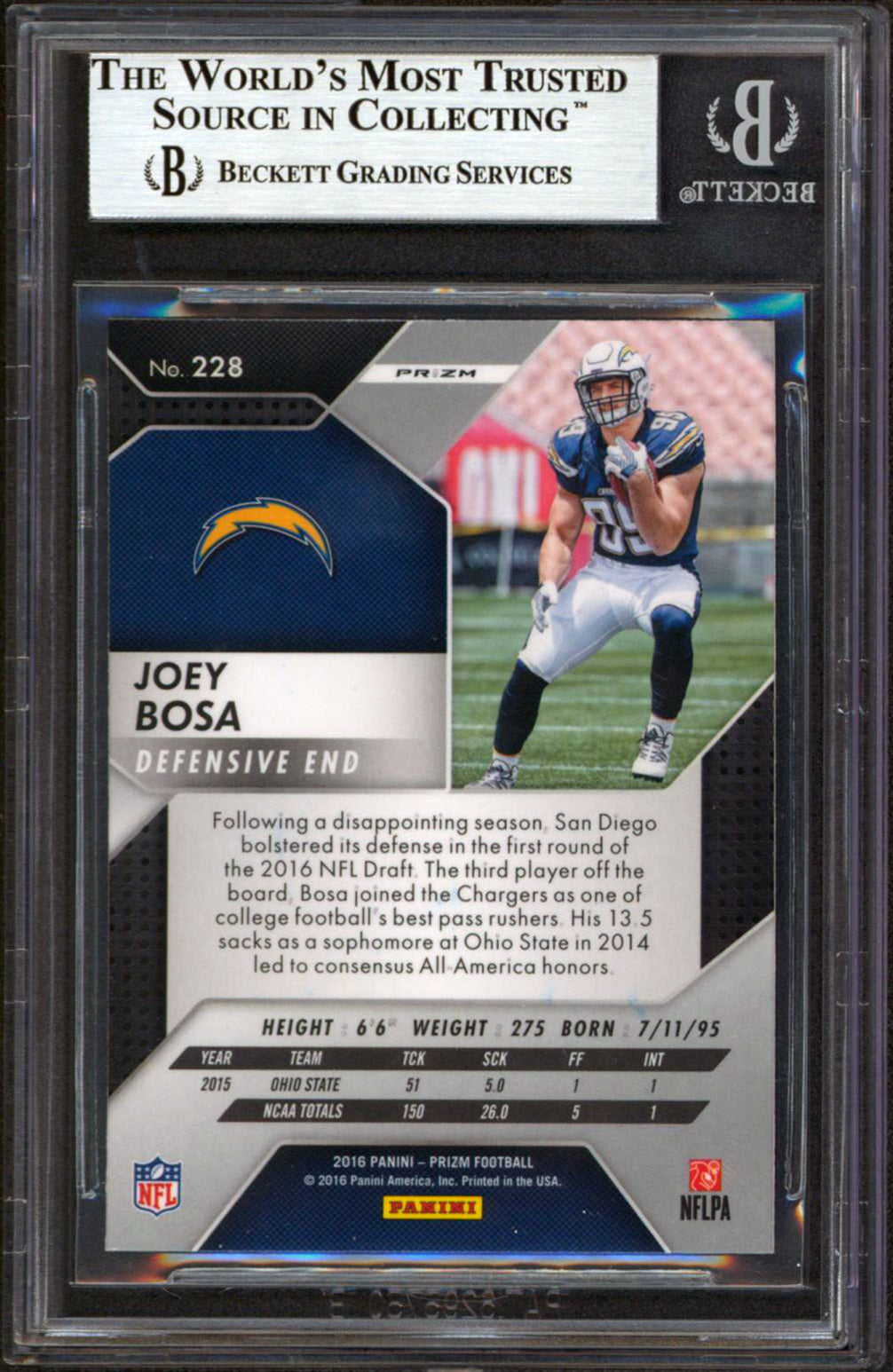 Chargers Joey Bosa Authentic Signed 2016 Panini Prizm #228 RC Card BAS Slabbed 6