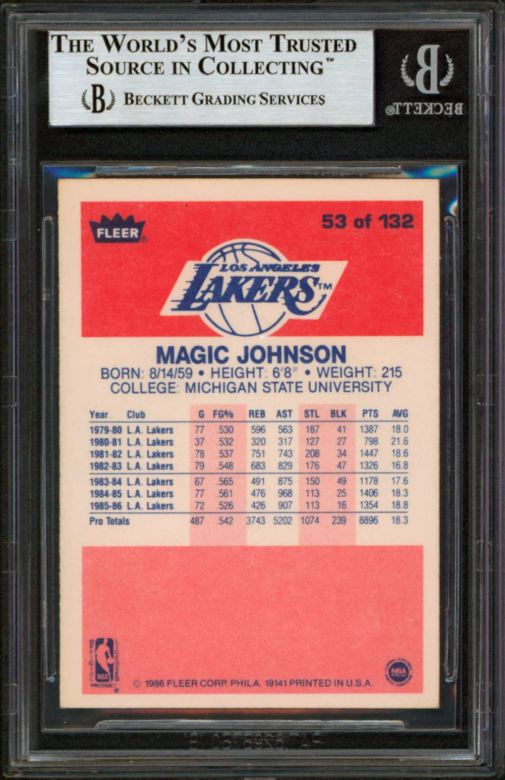 Lakers Magic Johnson Authentic Signed 1986 Fleer #53 Card BAS Slabbed