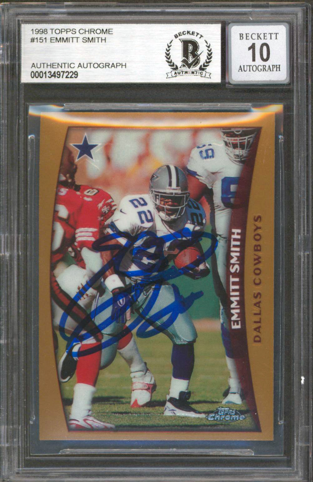 Cowboys Emmitt Smith Signed 1998 Topps Chrome #151 Card Auto Graded 10! BAS Slab
