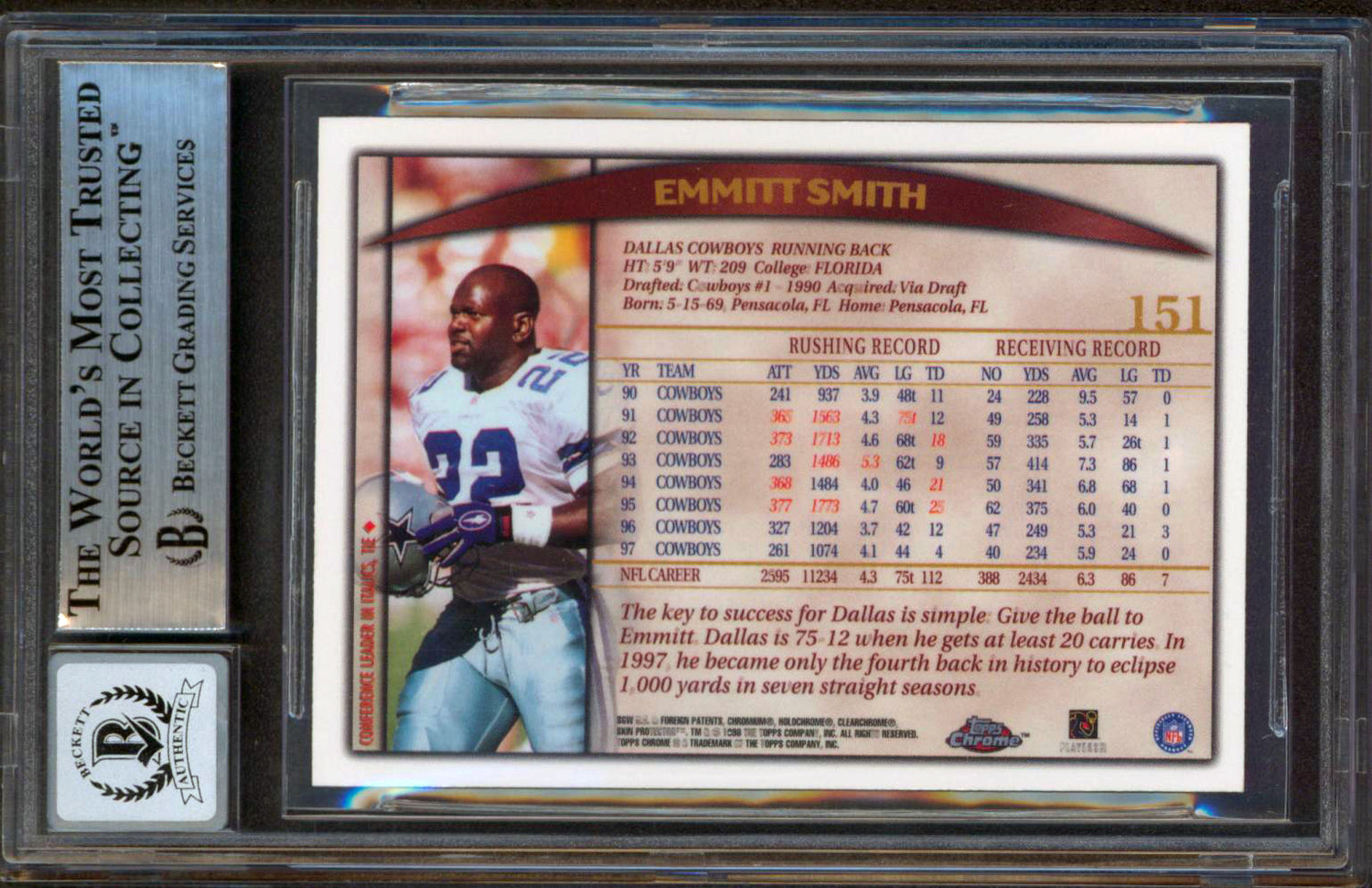 Cowboys Emmitt Smith Signed 1998 Topps Chrome #151 Card Auto Graded 10! BAS Slab