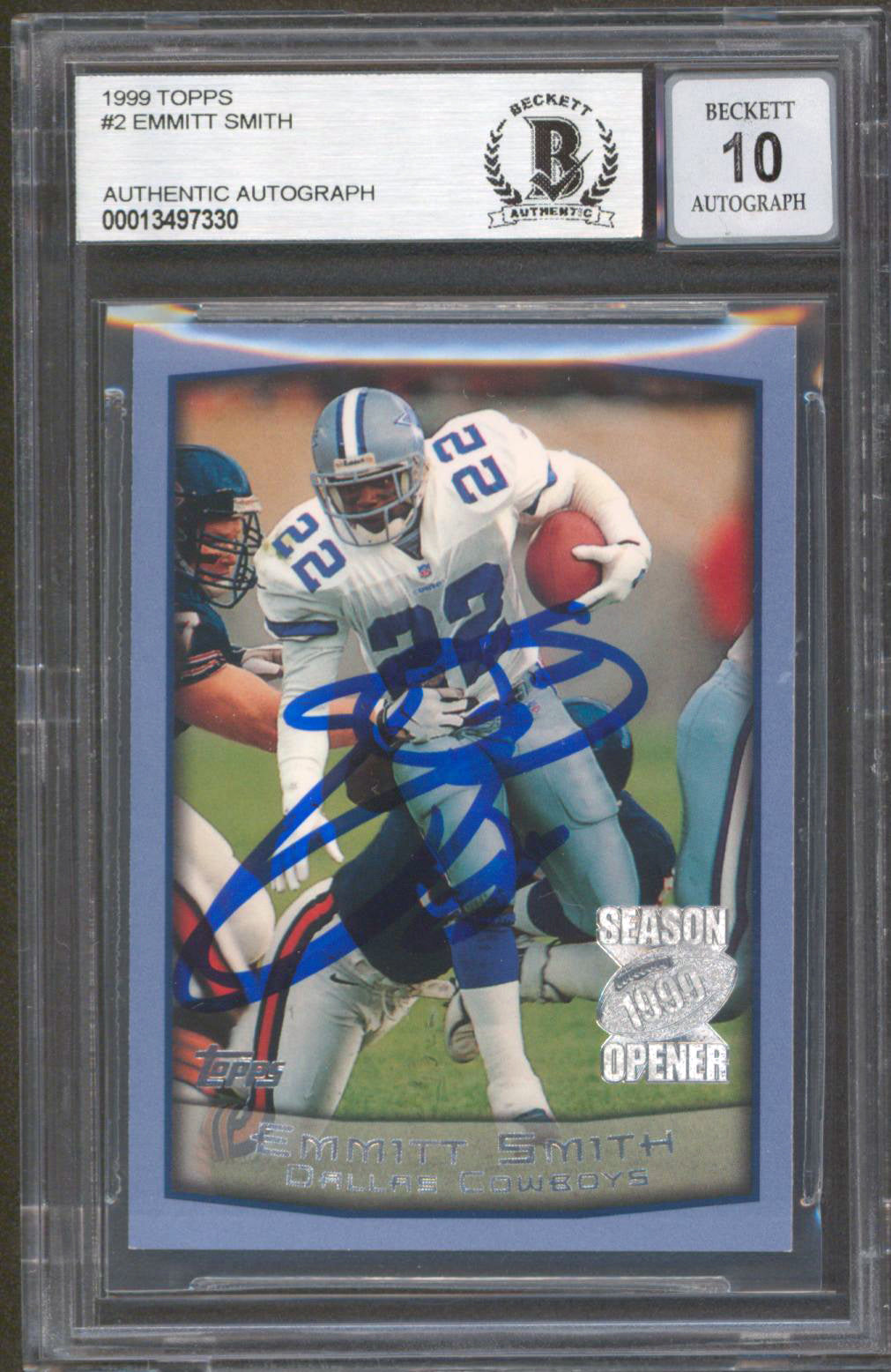 Cowboys Emmitt Smith Signed 1999 Topps #2 Card Auto Graded Mint 10! BAS Slabbed