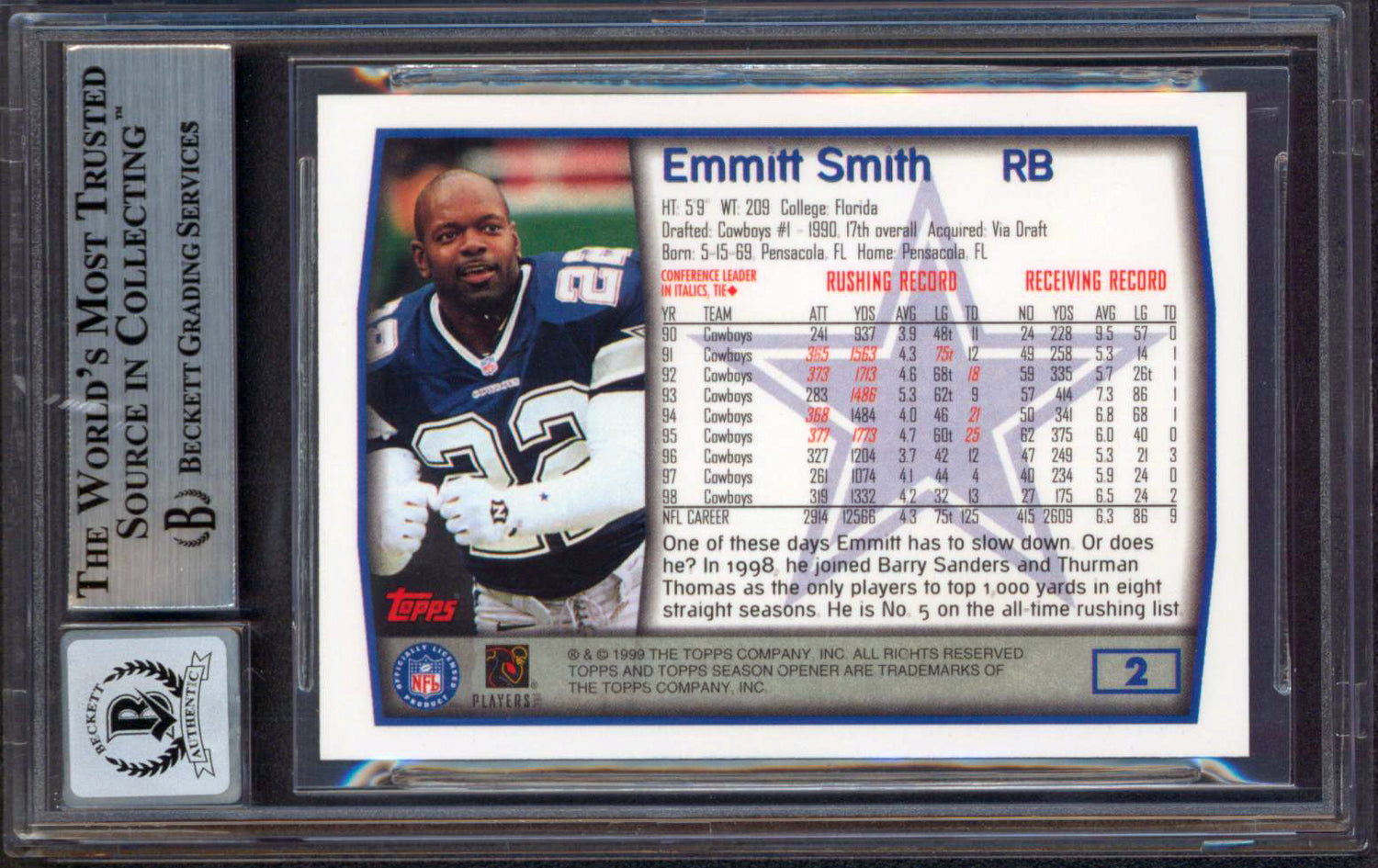 Cowboys Emmitt Smith Signed 1999 Topps #2 Card Auto Graded Mint 10! BAS Slabbed