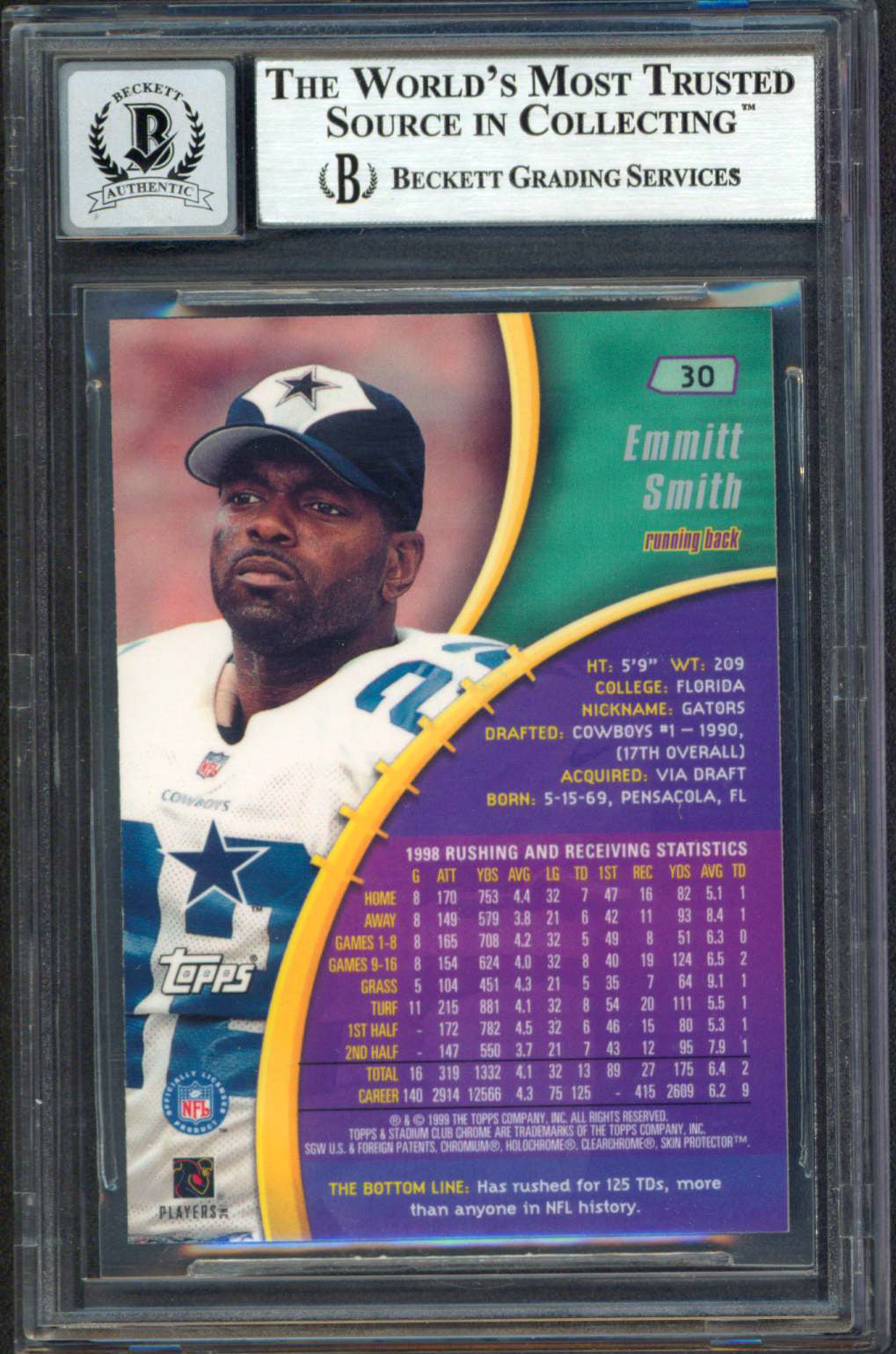 Cowboys Emmitt Smith Signed 1999 Stadium Club Chrome #30 Card Auto 10! BAS Slab