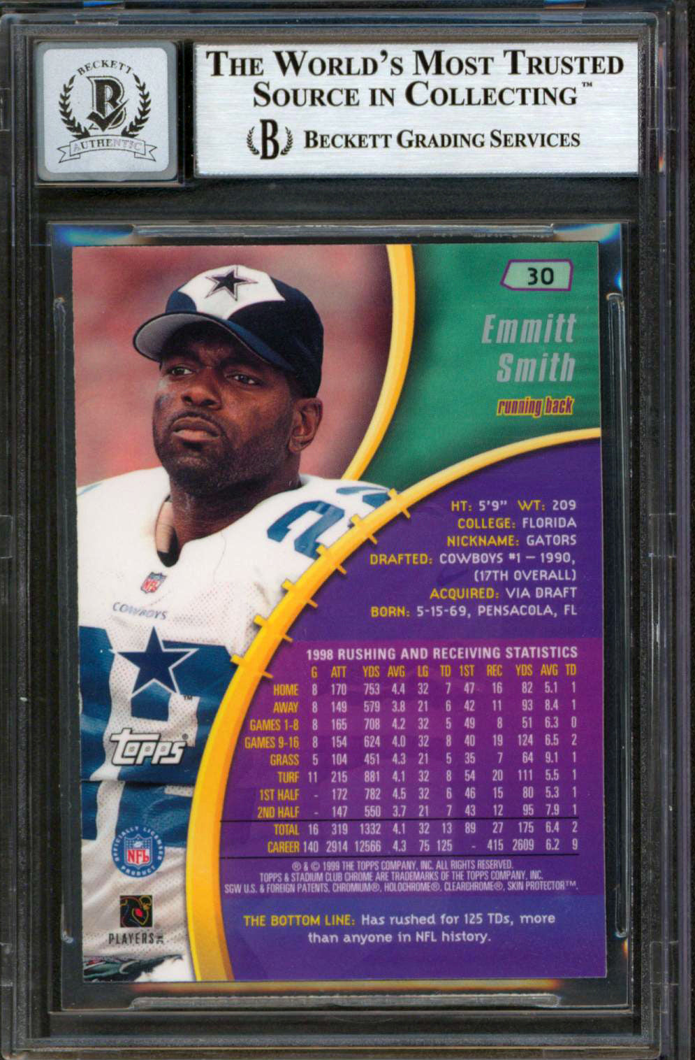 Cowboys Emmitt Smith Signed 1999 Stadium Club Chrome #30 Card Auto 10! BAS Slab