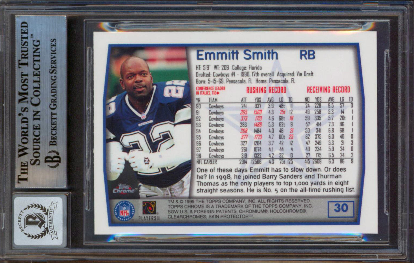 Cowboys Emmitt Smith Signed 1999 Topps Chrome #30 Card Auto Graded 10! BAS Slab