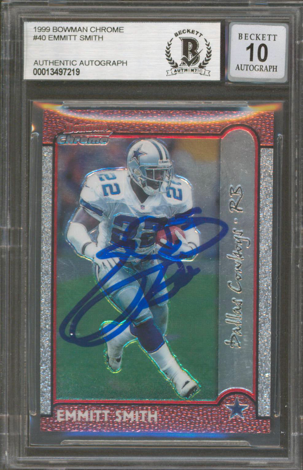 Cowboys Emmitt Smith Signed 1999 Bowman Chrome #40 Card Auto Graded 10! BAS Slab