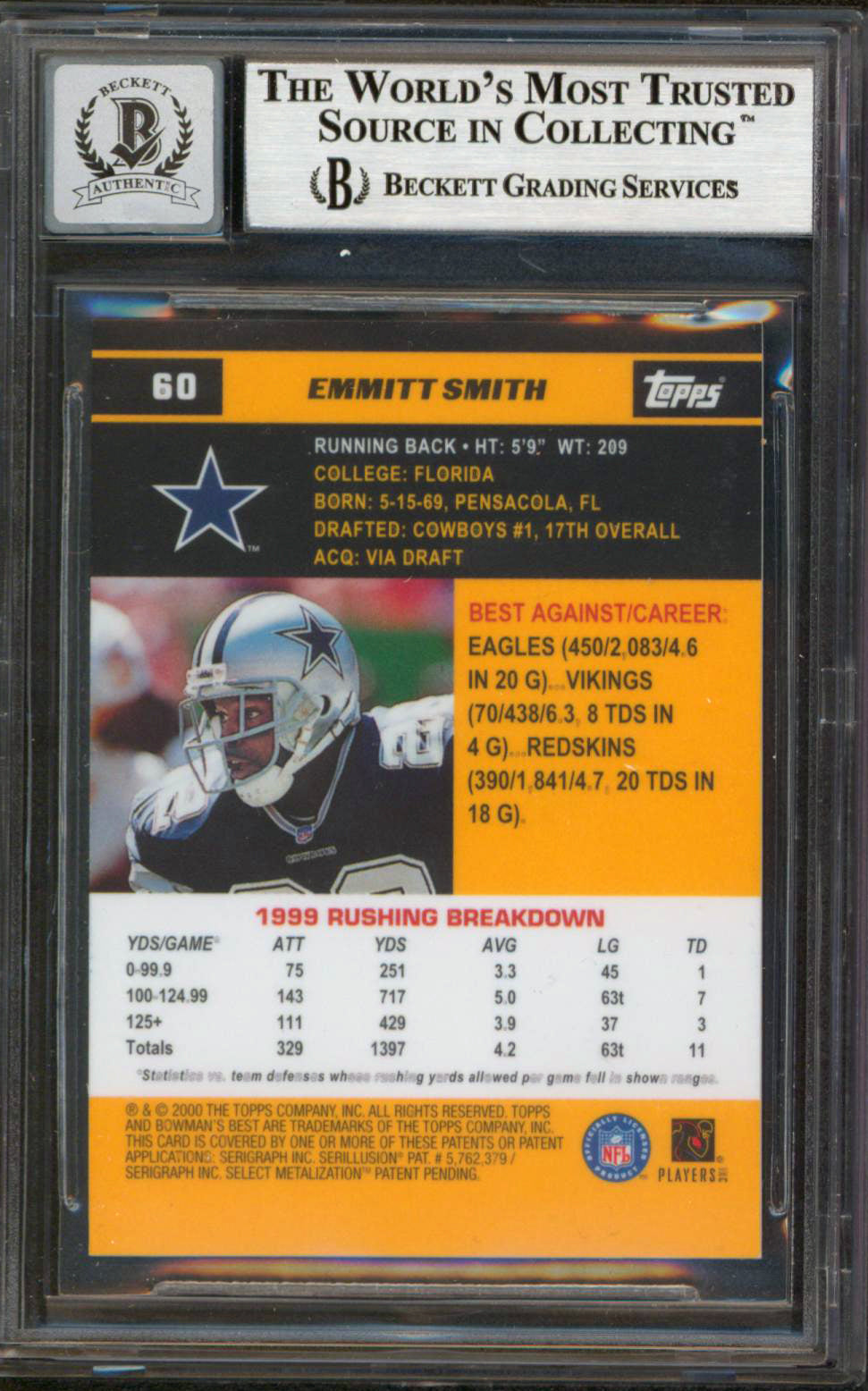Cowboys Emmitt Smith Signed 2000 Bowman's Best #60 Card Auto Graded 10! BAS Slab