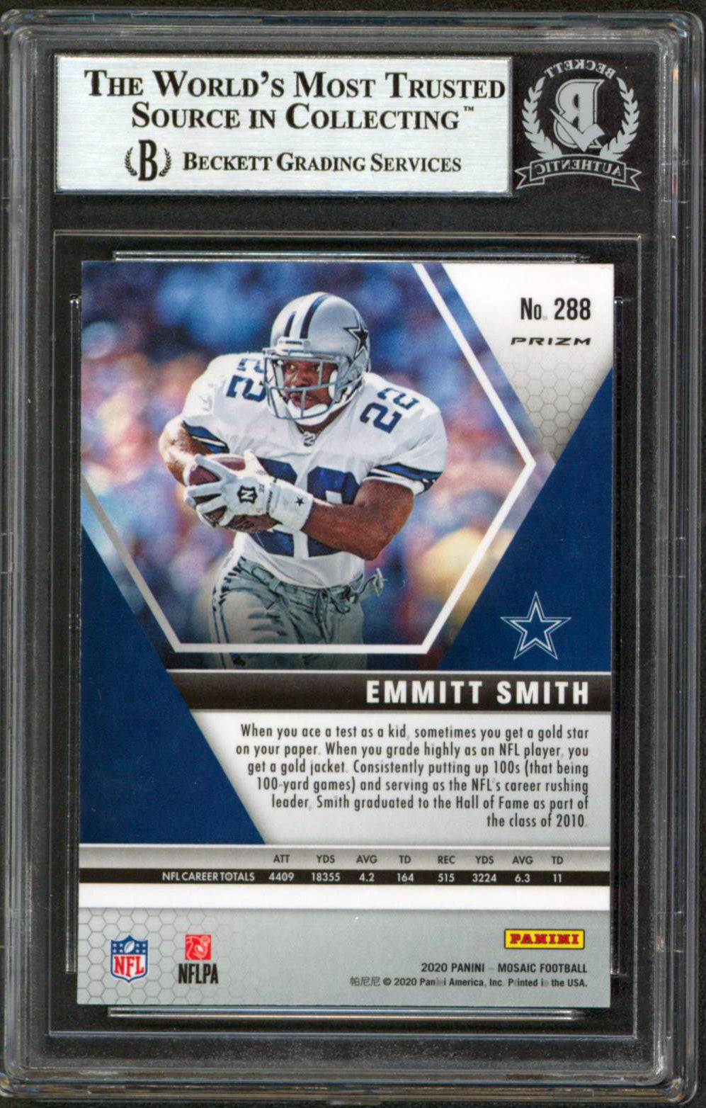 Cowboys Emmitt Smith Signed 2020 Panini Mosaic Green #288 Card BAS Slabbed