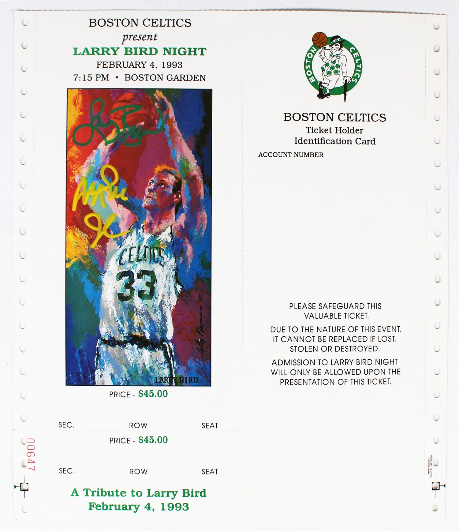 Larry Bird & Magic Johnson Signed Larry Bird Night Uncut Ticket BAS #AD04595