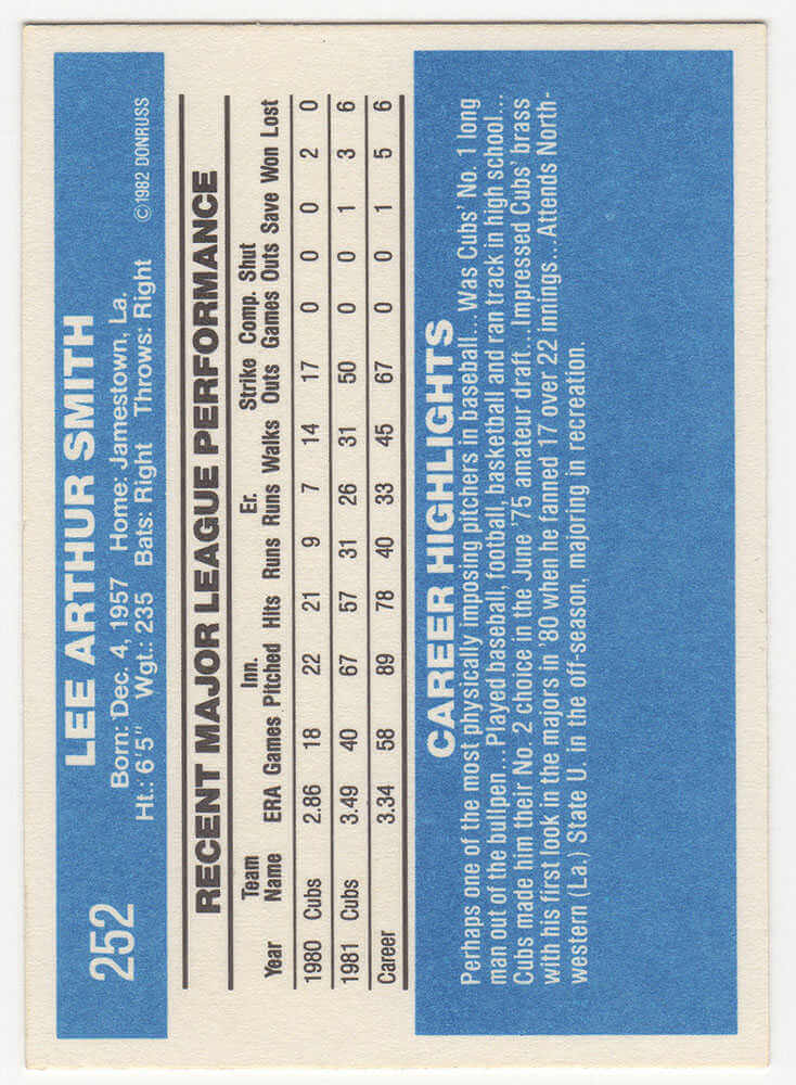 Lee Smith Signed Chicago Cubs 1982 Donruss Rookie Baseball Card #252