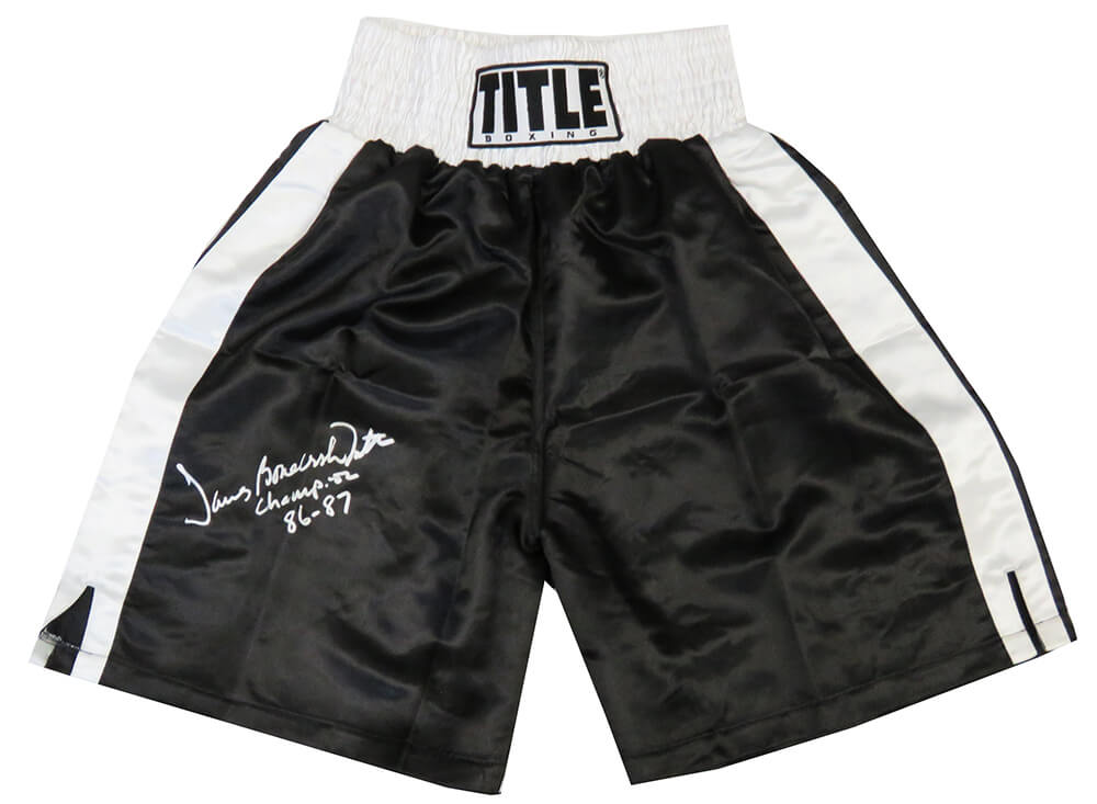 James Smith Signed Title Black With White Trim Boxing Trunks w/Bonecrusher, Champion 86-87