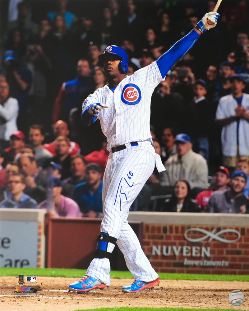 Jorge Soler Signed Chicago Cubs White Pinstripe Jersey Batting Action 16x20 Photo