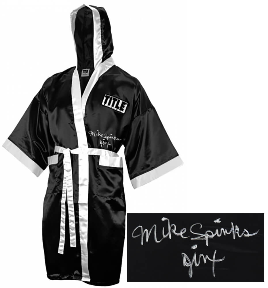 Michael (Mike) Spinks Signed Title Black With White Trim Boxing Robe w/Jinx
