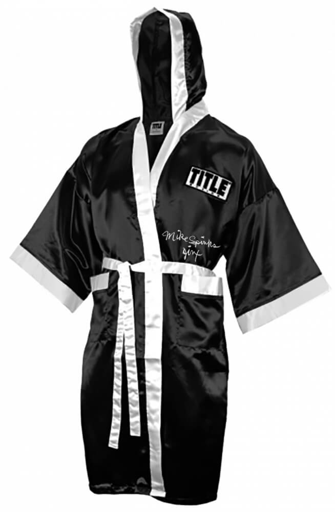 Michael (Mike) Spinks Signed Title Black With White Trim Boxing Robe w/Jinx