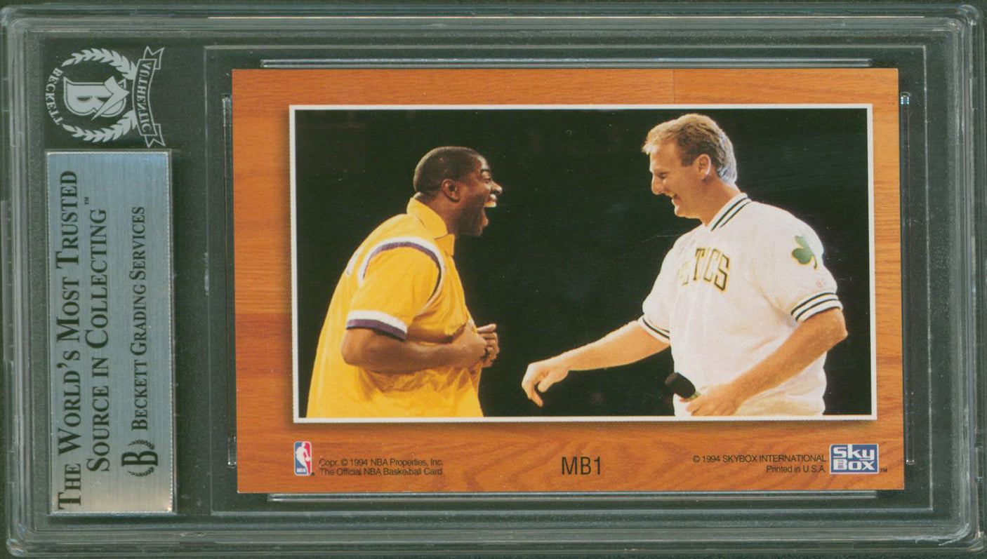 Magic Johnson & Larry Bird Authentic Signed 1993 Hoops #MB1 Card BAS Slabbed