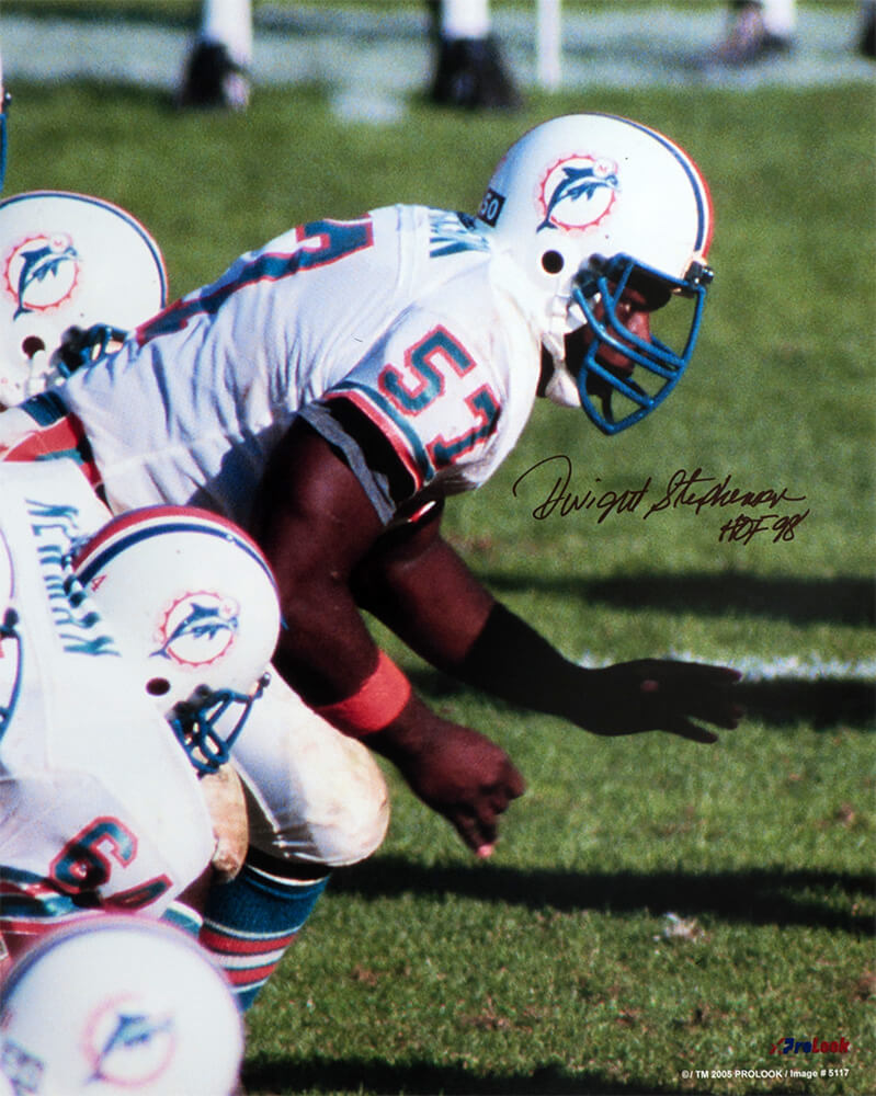 Dwight Stephenson Signed Miami Dolphins White Jersey Action 16x20 Photo w/HOF'98