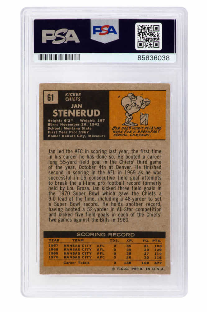 Jan Stenerud Signed Kansas City Chiefs 1971 Topps Football Card #61 w/HOF'91 - (PSA Encapsulated)