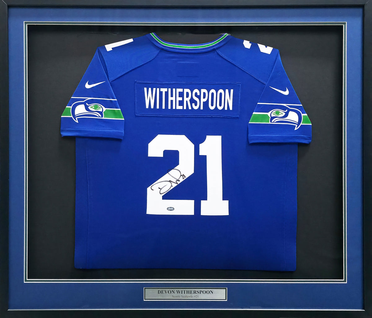 Seattle Seahawks Devon Witherspoon Autographed Framed Blue Nike Jersey MCS Holo Stock #267814